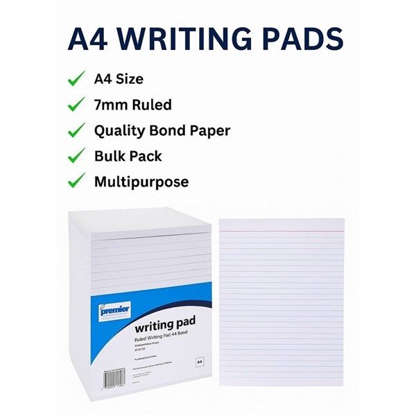 Premier Writing Pads Ruled A4, 7mm Bond Paper 60gsm (Pack/ 10pads)
