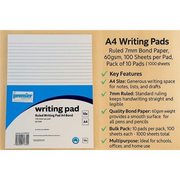 Premier Writing Pads Ruled A4, 7mm Bond Paper 60gsm (Pack/ 10pads)