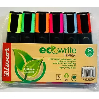 Luxor Highlighters, Assorted Colours - made using 73% post-consumer recycled materials-Wallet 6 assorted colours ( Buy in Multiples of 12 wallets )