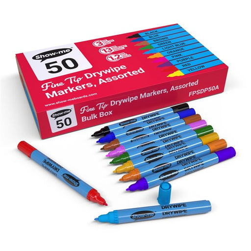 Show-Me Fine Tip Slim Barrel Whiteboard Markers – Assorted Colours (Pack of 50)