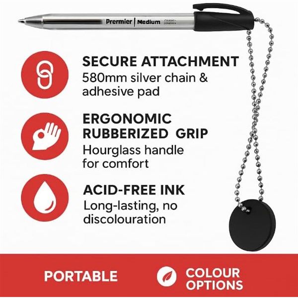 Premier Chainlink Captive Ballpoint Pen – 1.0mm Medium Point (Box of 12)