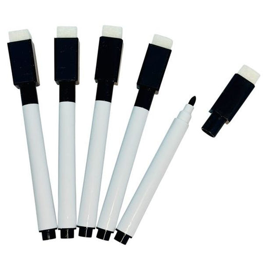 Magnetic Black Whiteboard Markers – Pack of 5 with Eraser Tip & Magnetic Cap