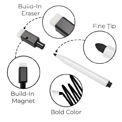 Magnetic Black Whiteboard Markers – Pack of 5 with Eraser Tip & Magnetic Cap