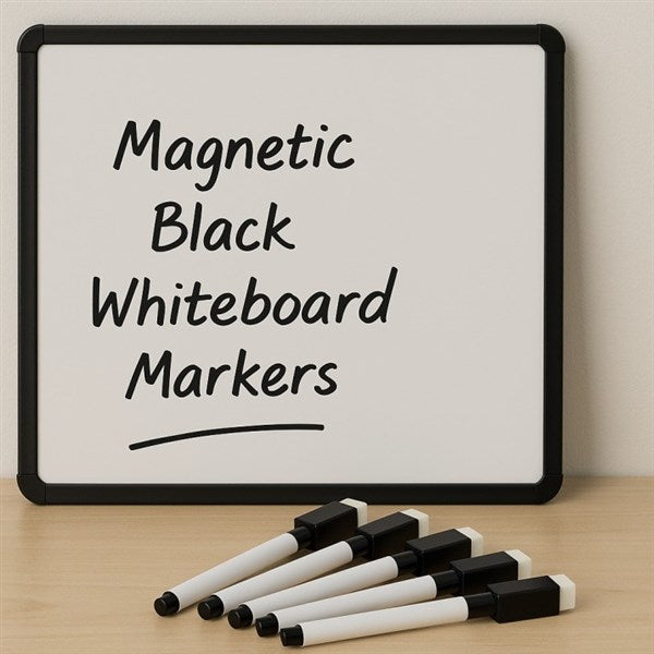 Magnetic Black Whiteboard Markers – Pack of 5 with Eraser Tip & Magnetic Cap