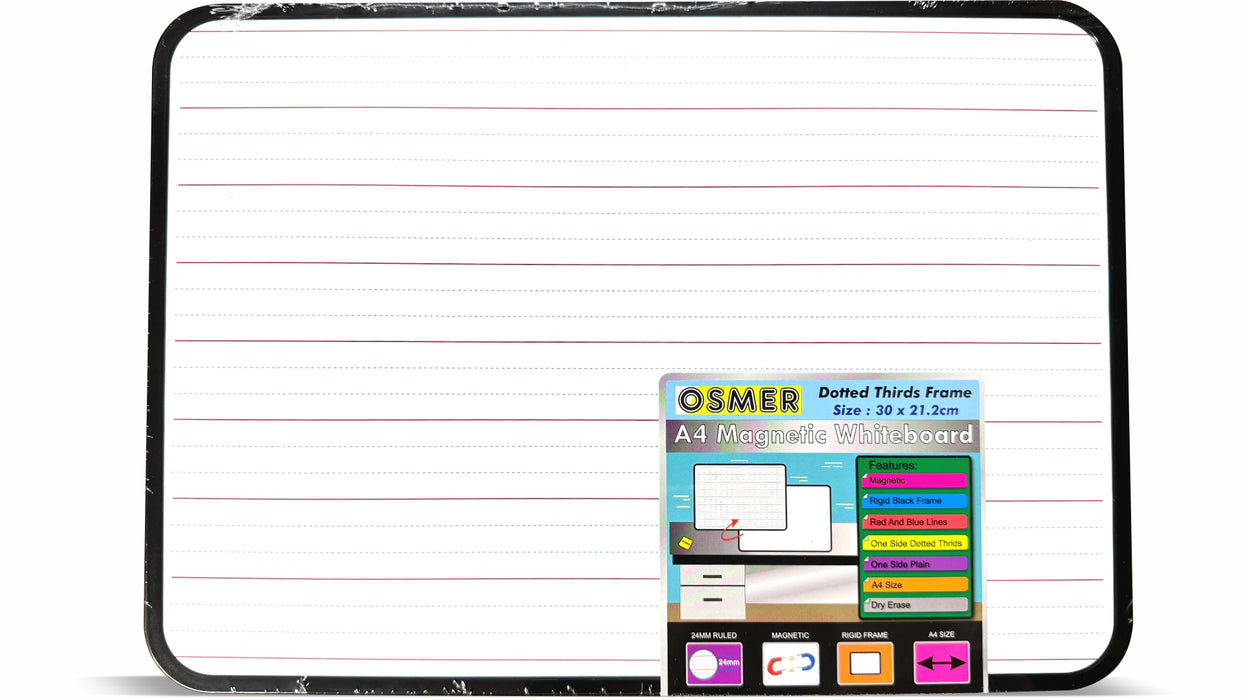 Osmer A4 Magnetic Double-Sided Whiteboard – Plain & Dotted Thirds with Blue/Red Lines & Frame