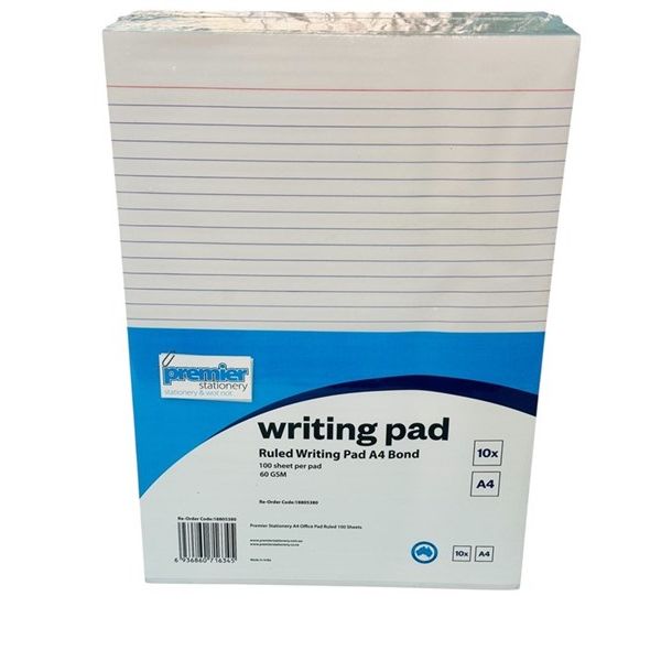 Premier Writing Pads Ruled A4, 7mm Bond Paper 60gsm (Pack/ 10pads)