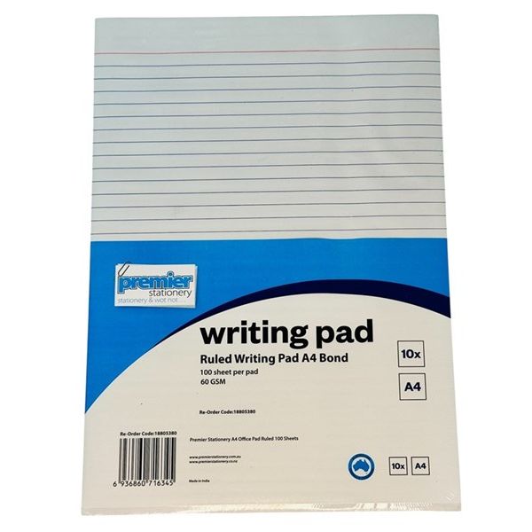 Premier Writing Pads Ruled A4, 7mm Bond Paper 60gsm (Pack/ 10pads)