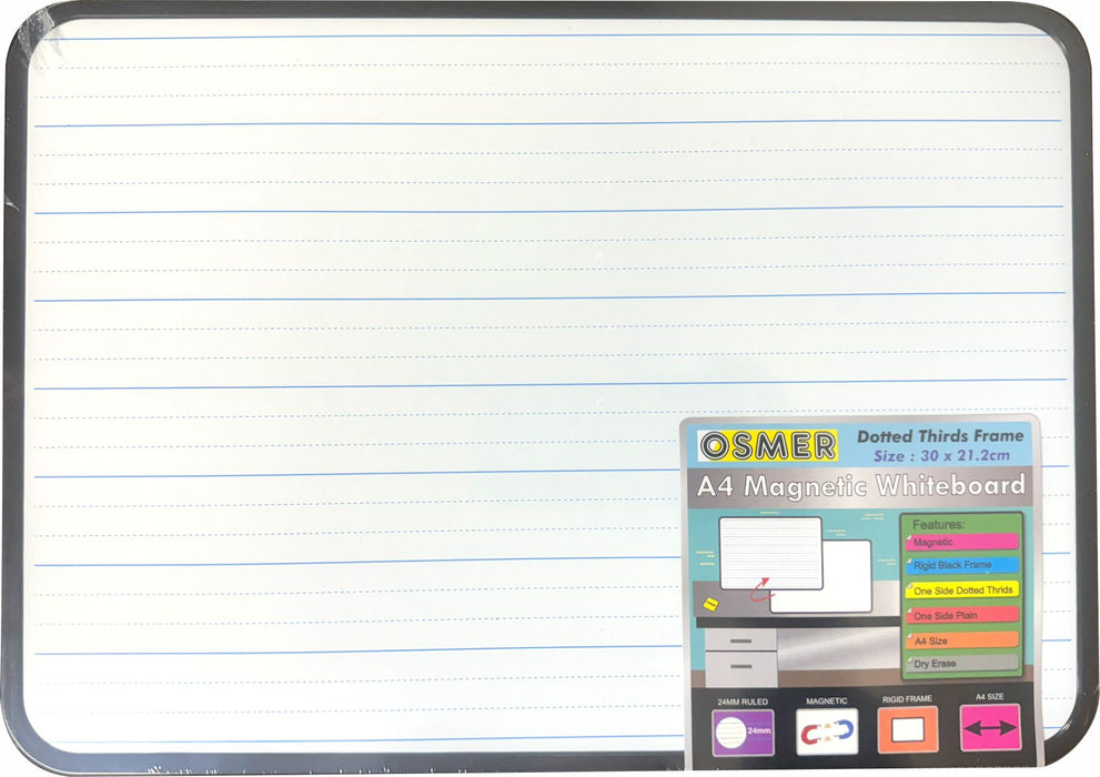 A4 Magnetic Whiteboard Doubled Sided - Plain and Dotted Thirds with Frame