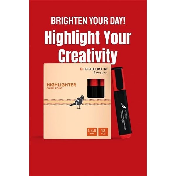 BIBBULMUN Everyday Highlighter – Chisel Point, Red – Pack of 12