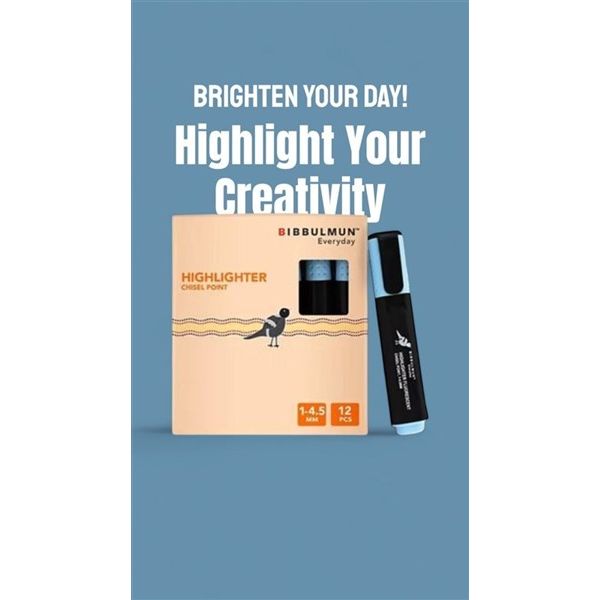 BIBBULMUN Everyday Highlighter - Chisel Point, Blue (Pack of 12)