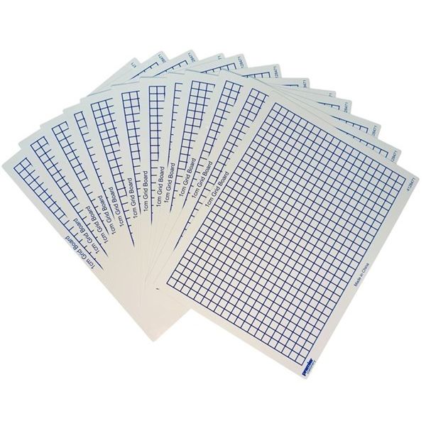12 Pack Reusable Write-and-Wipe Double Sided Whiteboards with 1cm Grid on one side and blank on the other, Dimensions: 31 cm x 23 cm